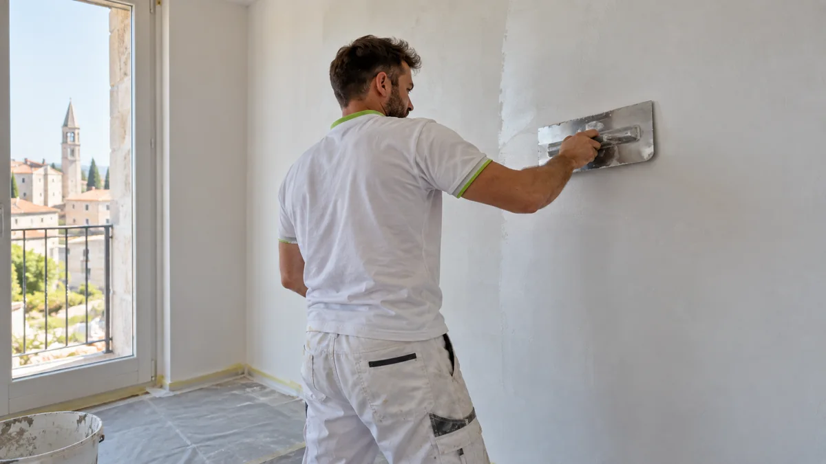 Radnik u bijeloj odjeći s lime detaljima gleta pripremljeni zid.